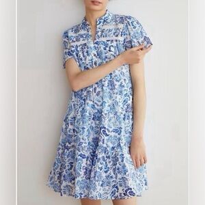 Anthropologie Blue and White Flutter Sleeve Dress